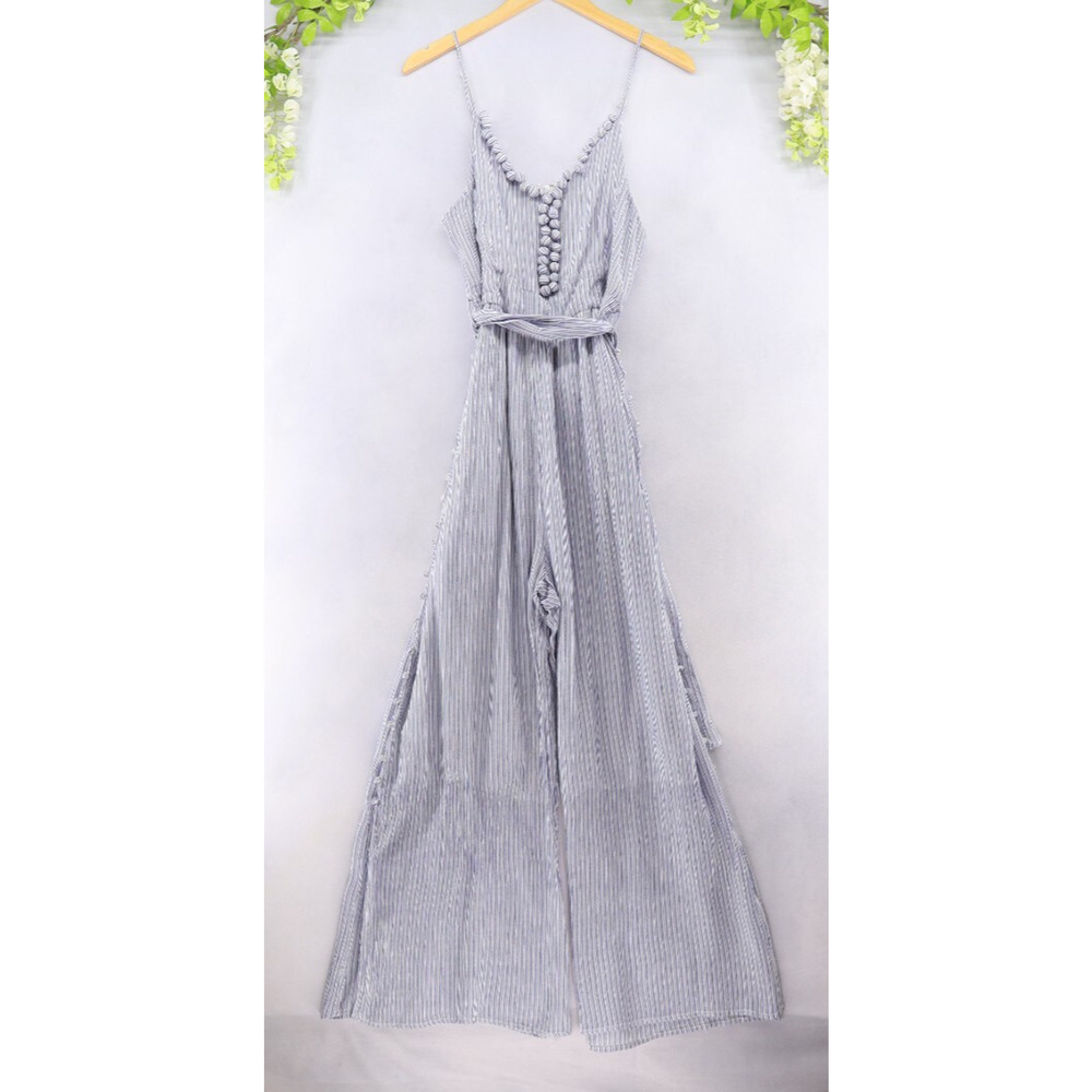 Anthropologie Maeve Jumpsuit Blue Maritime Pom Pom White Stripe Crinkled Sz 14 - Picture 2 of 12